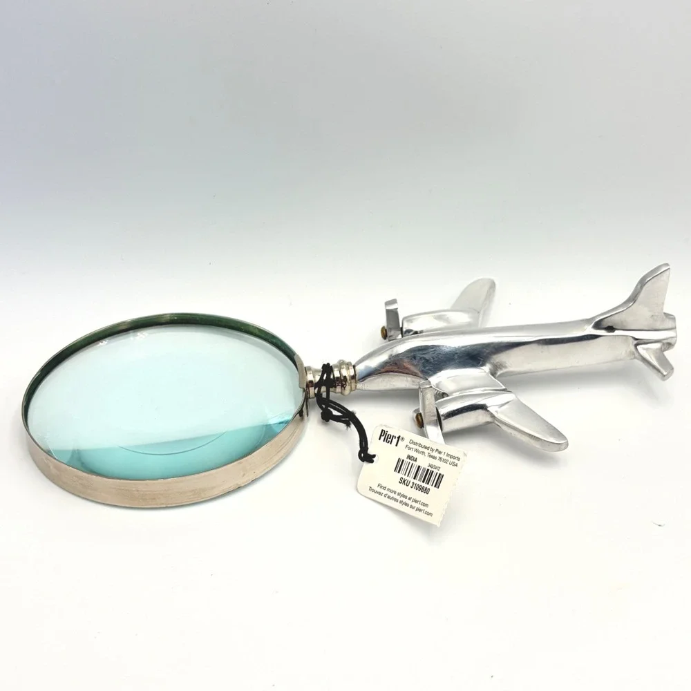 Pier 1 Silver Airplane Magnifying Glass Aviation Pilot Propeller Turns OAK Plane